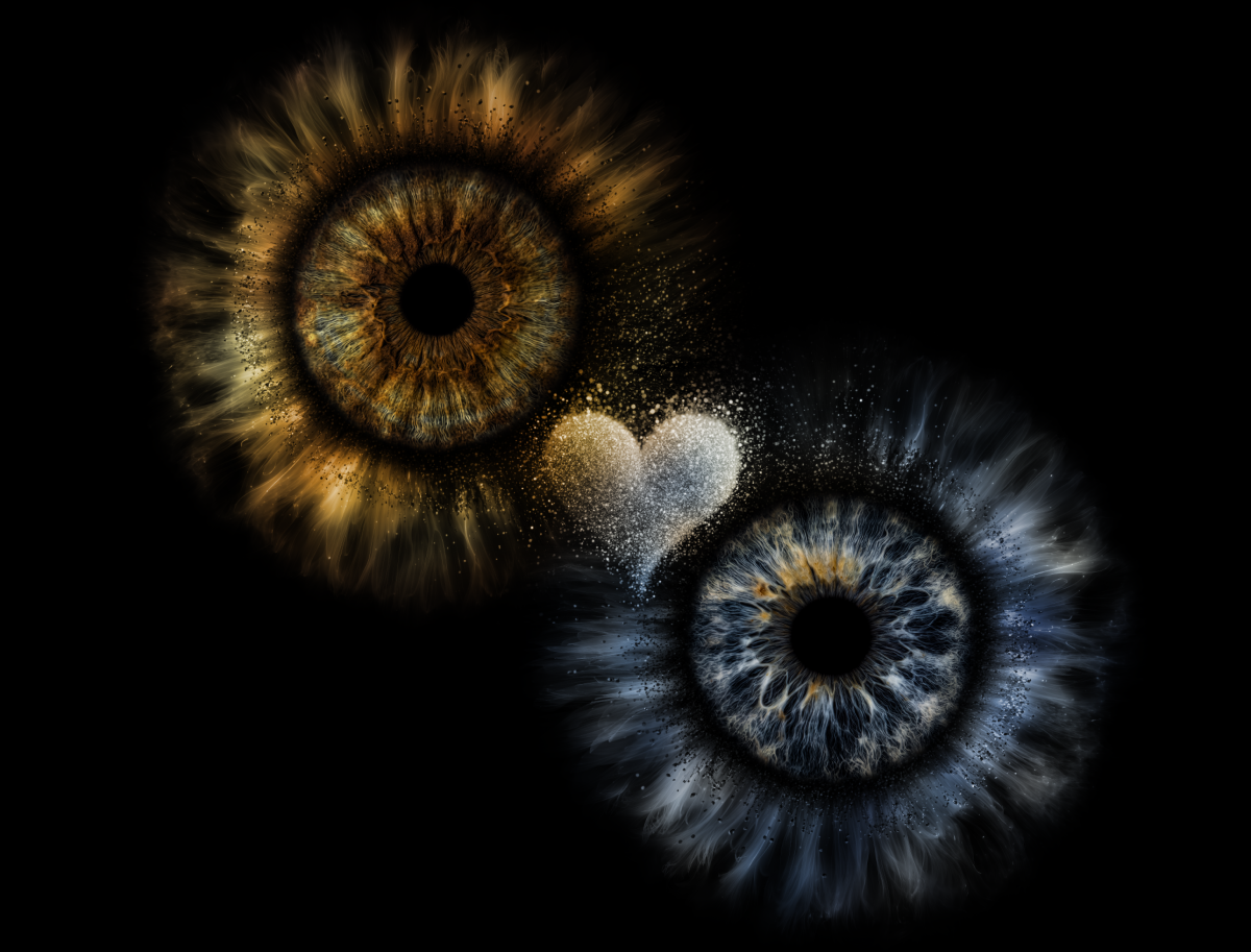 Kreative Irisfotografie mit den individuell gestalteten Iriden einer Familie.